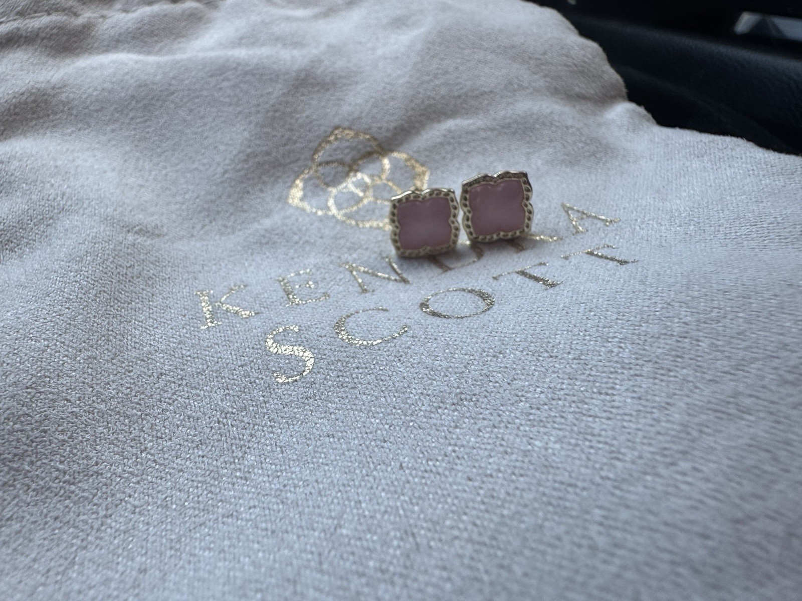 Kendra Scott Square Pink Stone Stud Earrings Gold Tone Bezel Butterfly Back