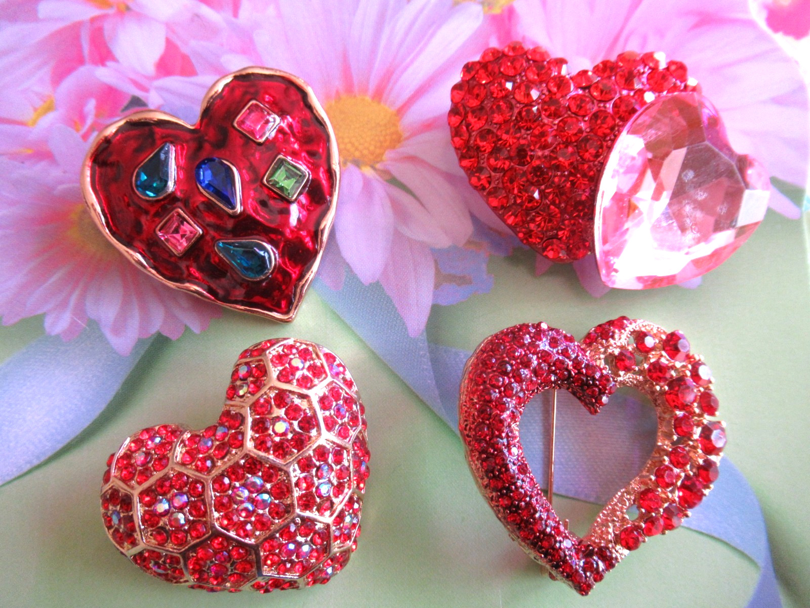 BEAUTIFUL CRYSTAL & ENAMEL RED PINK VALENTINE HEART BROOCH LOT 4 NEW