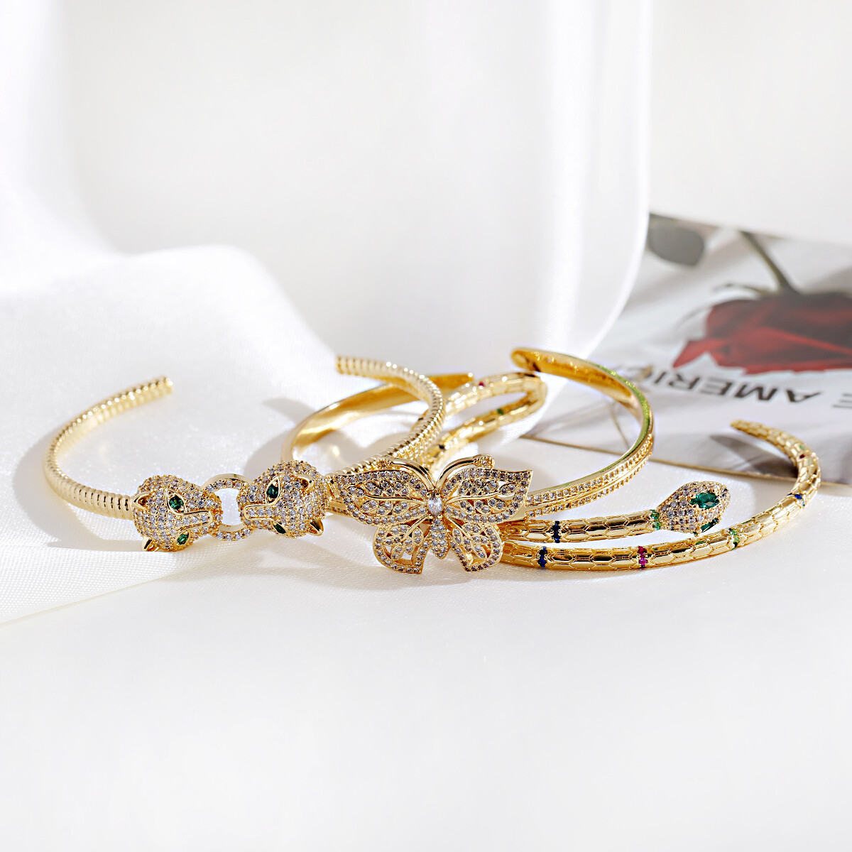 Luxury Adjustable Zircon Leopard Head Butterfly Opening Bracelets Women Jewelry