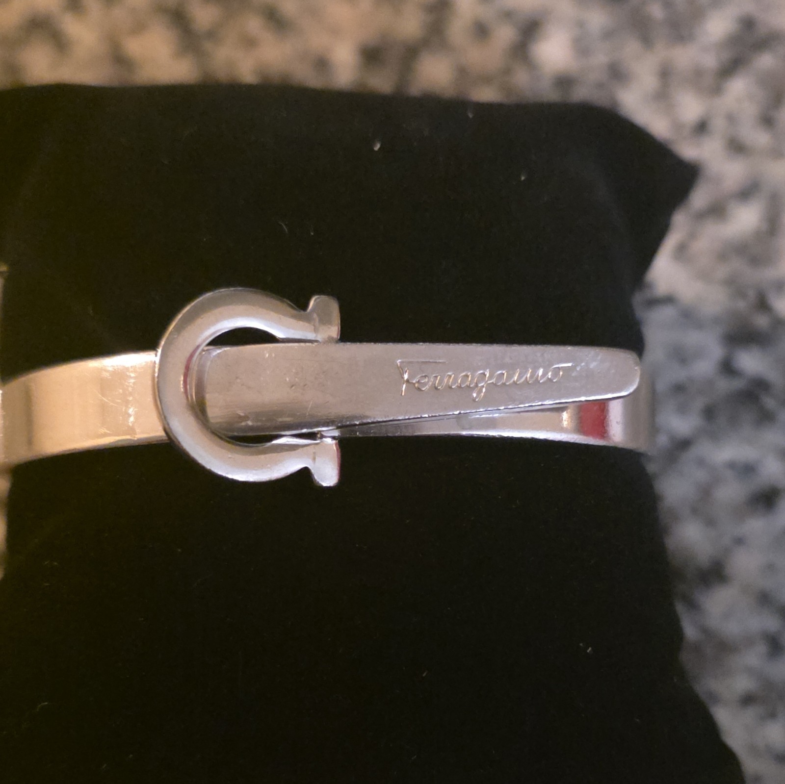 Salvatore Ferragamo Silver Tone Metal Bangle Bracelet Signed No Stone