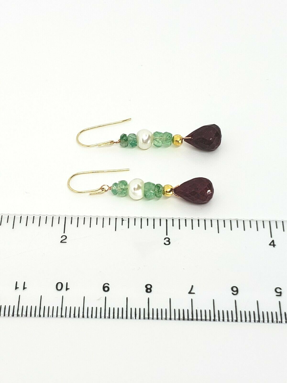 14k Yellow Gold Ruby Briolette, Zambian Emerald and Pearl Drop Dangle Earrings
