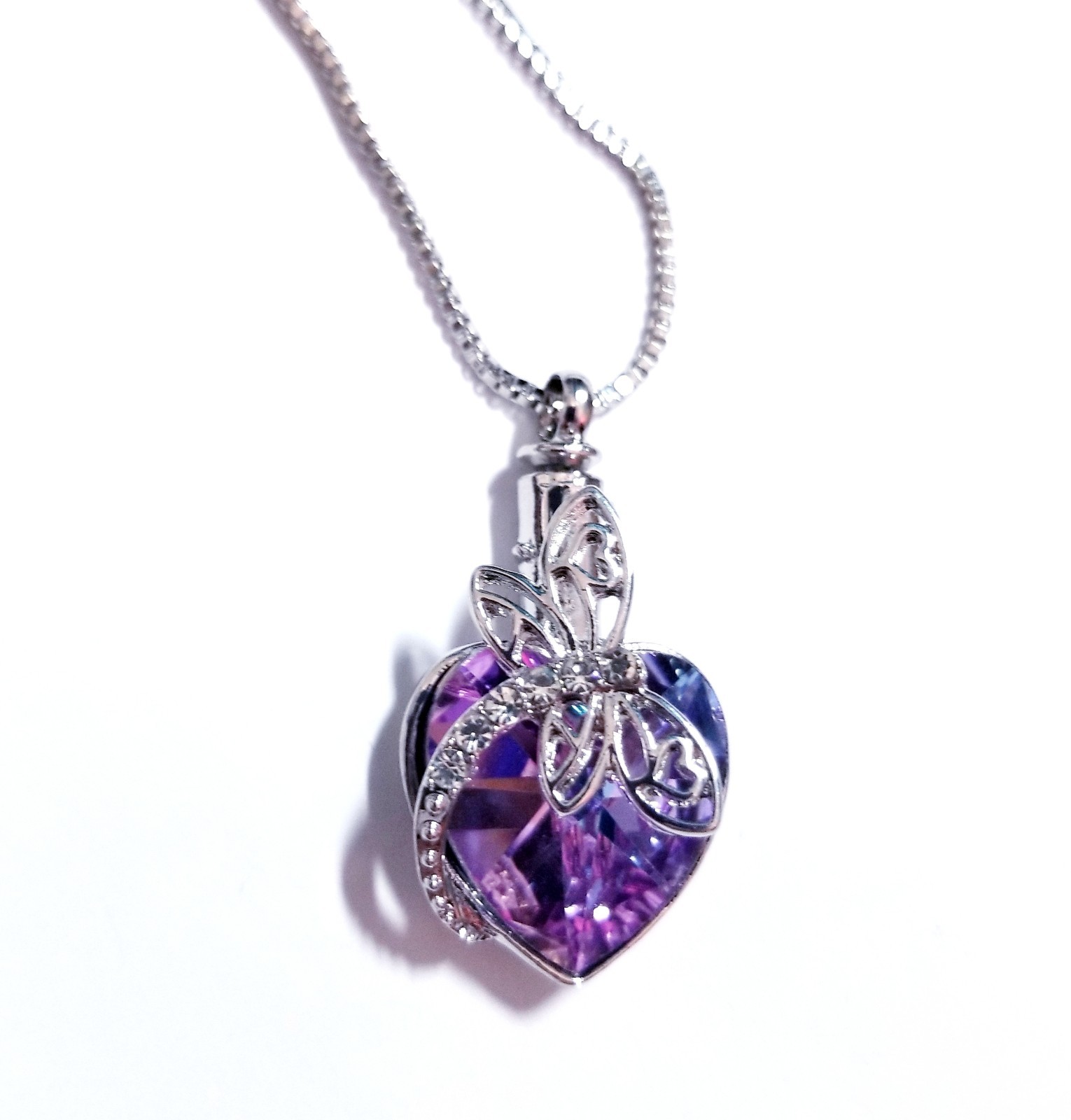 Silver Tone Urn Cremation Memorial Necklace Dragonfly Pendant for Ashes Purple