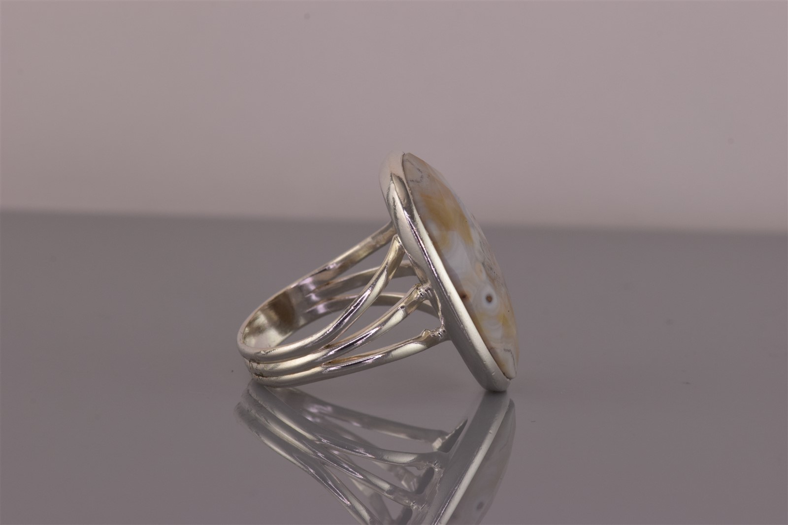 Sterling Silver 25mm Oval Faceted Brown Agate Triple Band Ring 925 Sz: 8