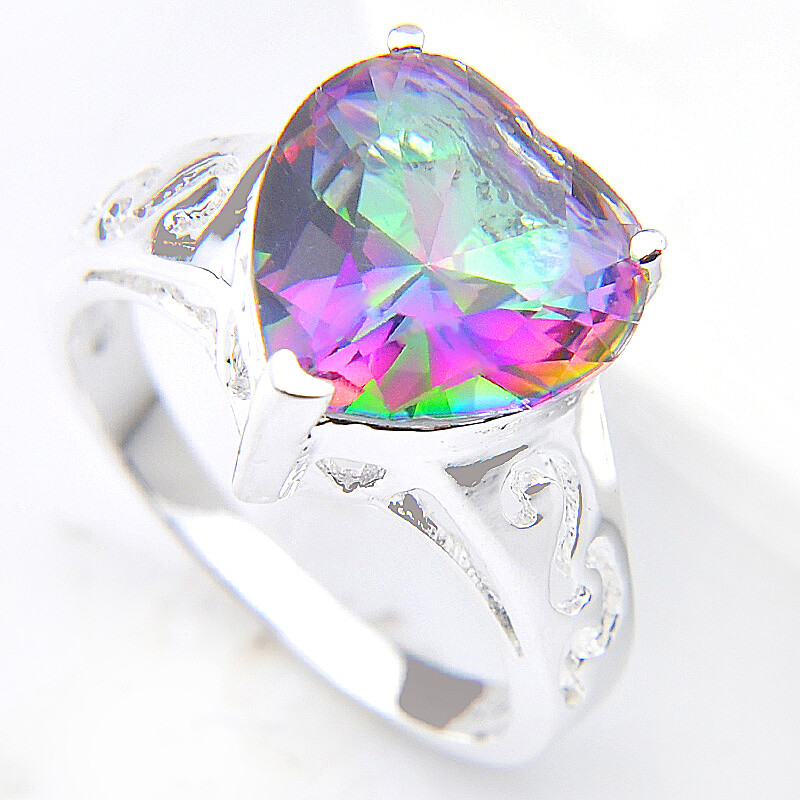 Heart Cut Gorgeous Natural Rainbow Mystic Topaz Silver Rings Size 7 8 9