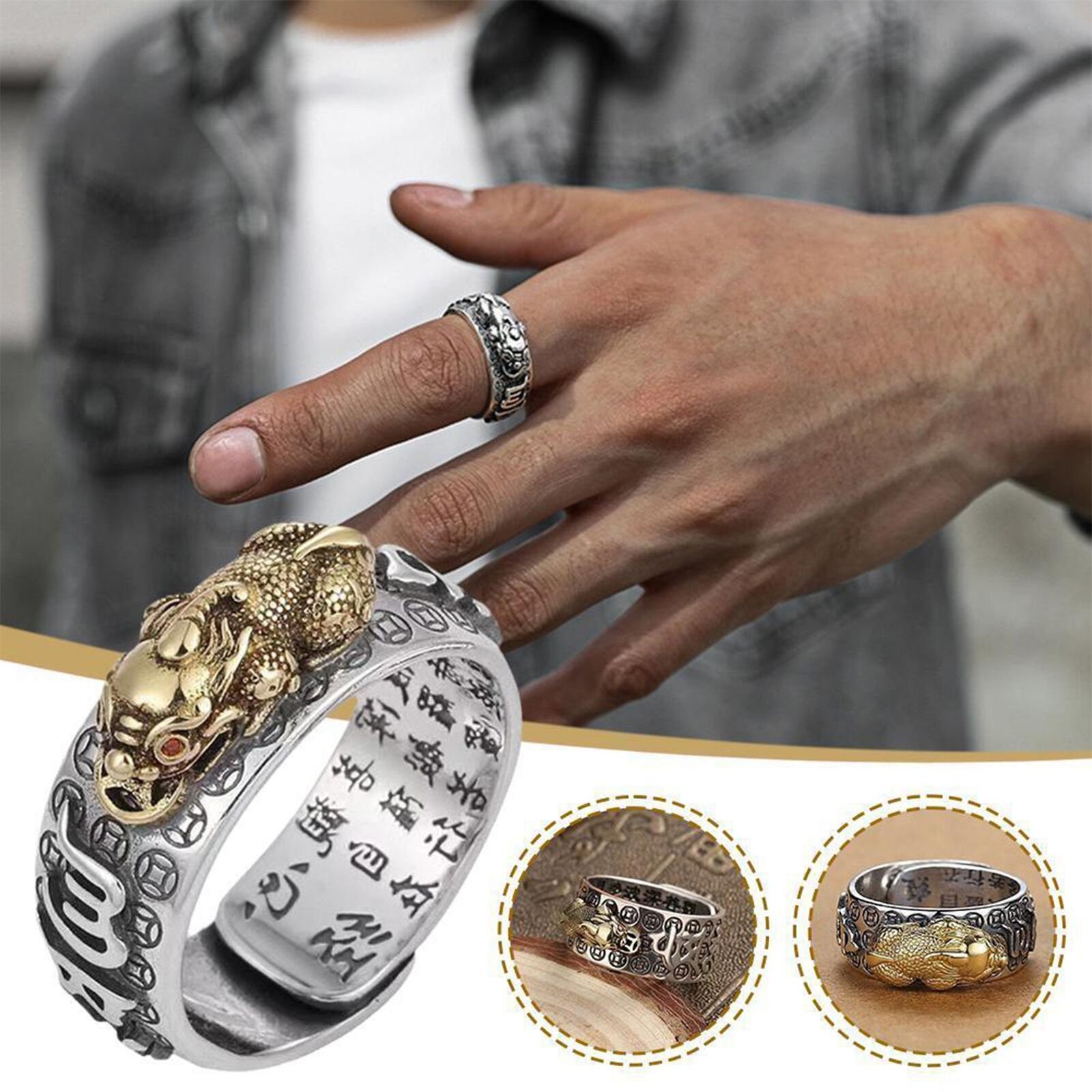2x Feng Shui Pixiu Mantra Amulet Lucky Adjustable Ring Buddhist Good Luck Mantra