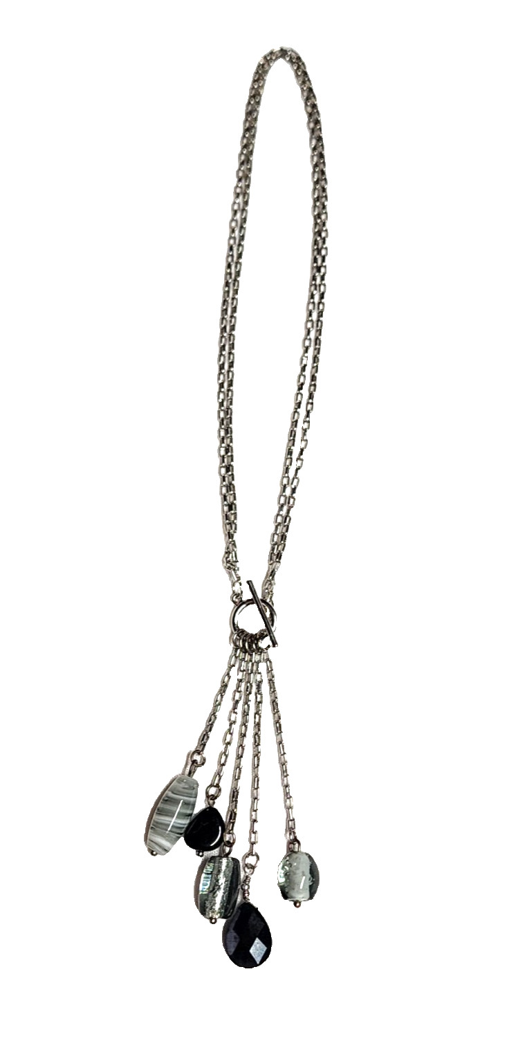 Black Gray Silver Tone Art Glass Bead Tassel Pendant Necklace 14″ Choker GUC