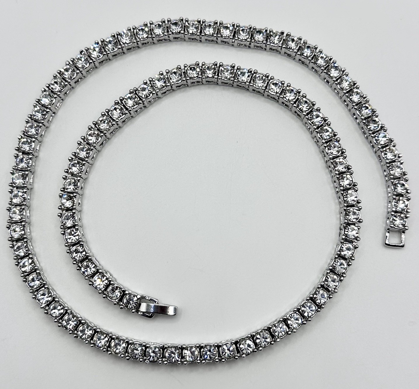 Cubic Zirconia Tennis Chain Necklace Round CZ Stones Silver Tone 18″