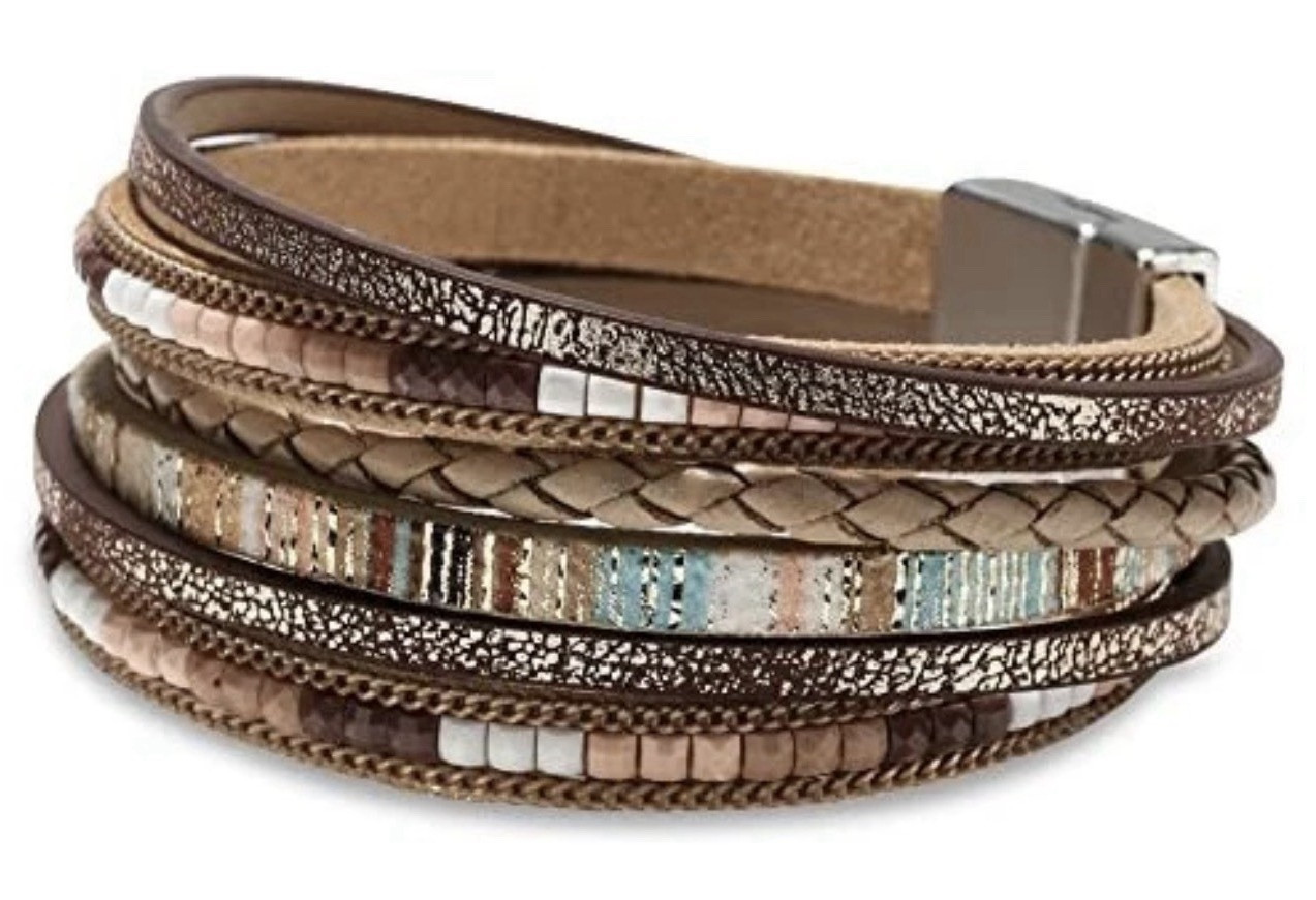 Faux Leather Wrap Cuff Bracelet Stackable Brown/Beige Multicolor Magnetic 19.5cm