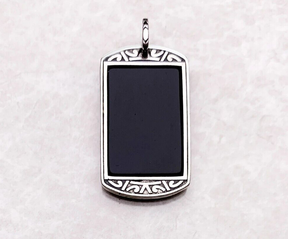 925 Sterling Silver Dog Tag Black Onyx Pendant Charm