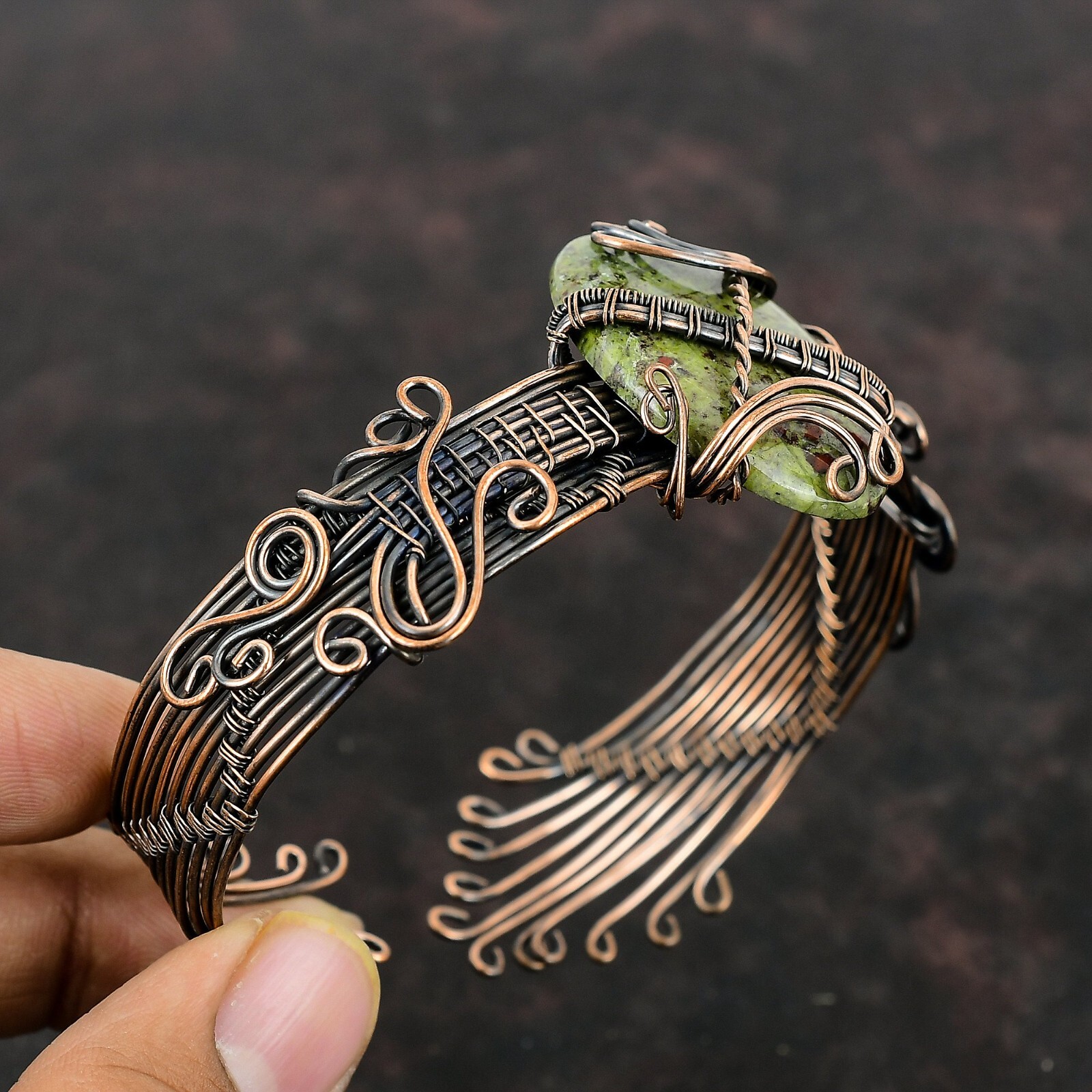 Dragon Bloodstone Wire Wrapped Adjustable Cuff Handcrafted Copper Designer