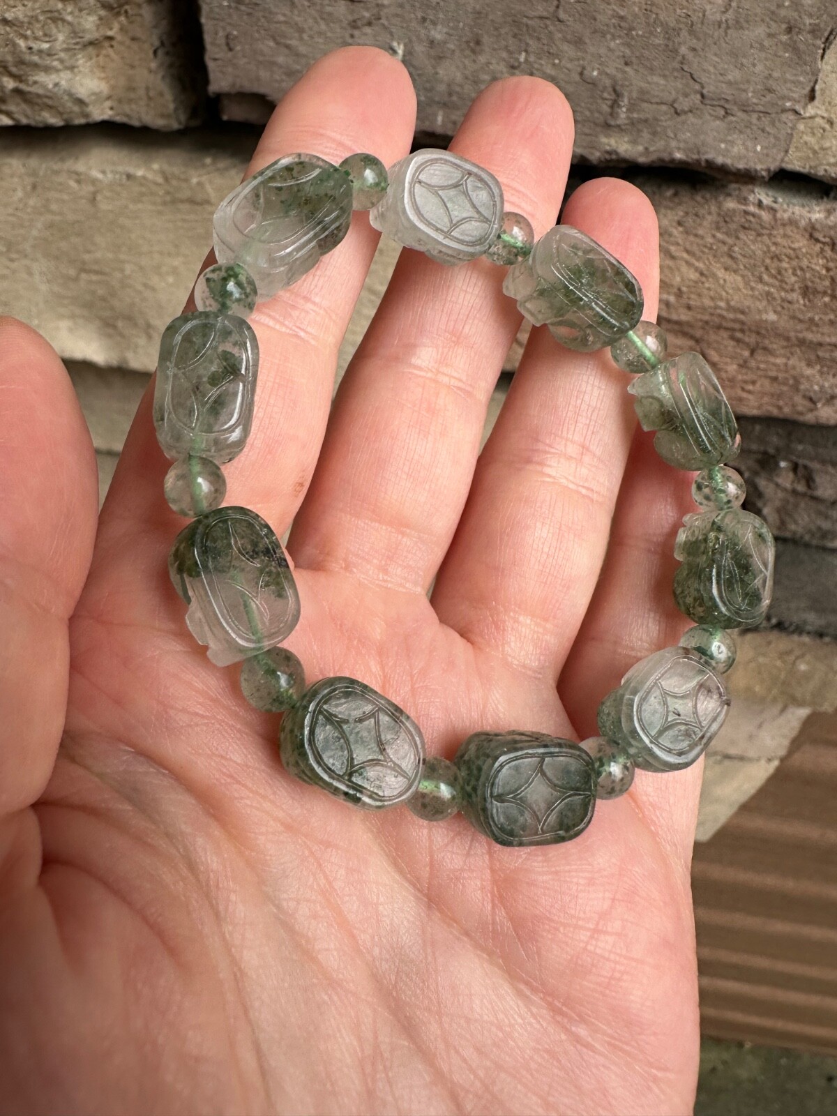 Moss Agate Bracelet Carved Pixiu Artisan Handcrafted