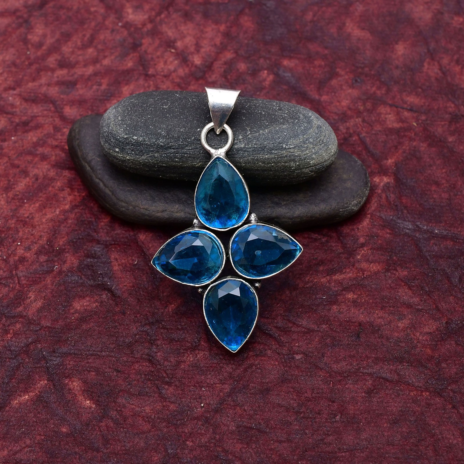 Blue Topaz Gemstone 925 sterling silver Handmade Cross Pendant jewelry 2.28″