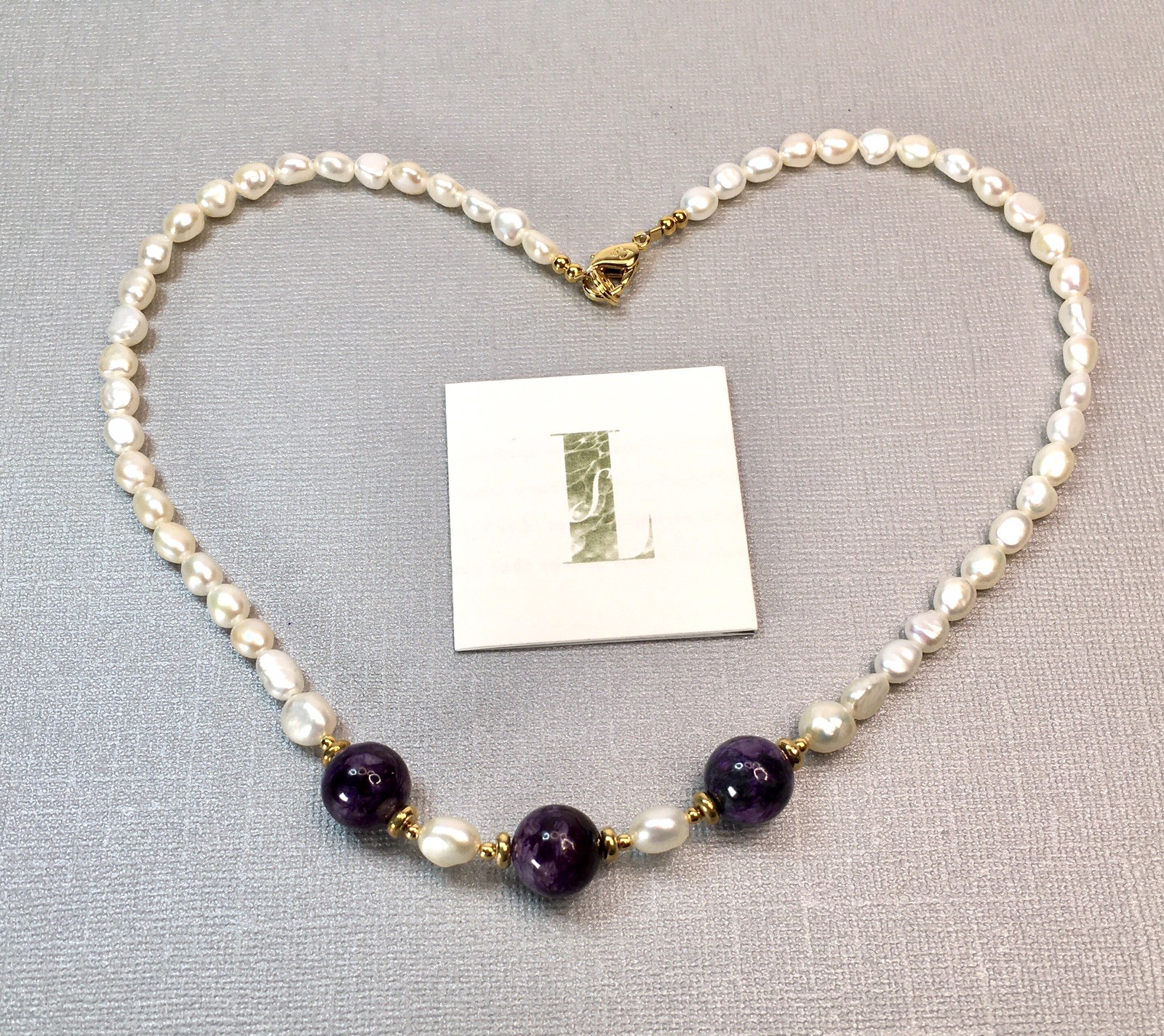 New Lee Sands Freshwater Pearl And Amethyst Bead Necklace W/Gold Accent 17″ L