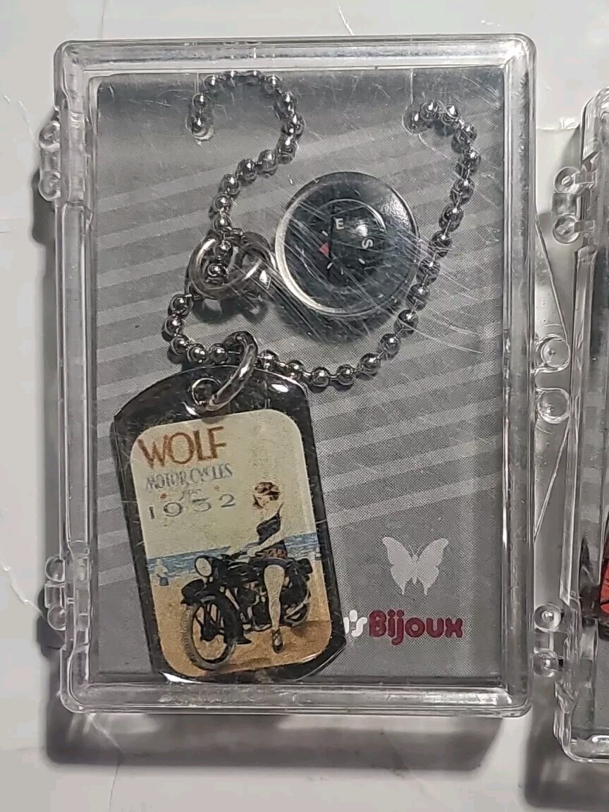 (2) LUCY LU’S BIJOUX HAND CRAFTED CHARM / DOG TAG NECKLACE LOT WOLD MOTORCYCLES