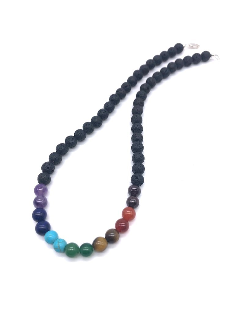 7 Chakra Lava Rock Grounding & Focus Smooth Round Gemstone Beads Necklaces 18”