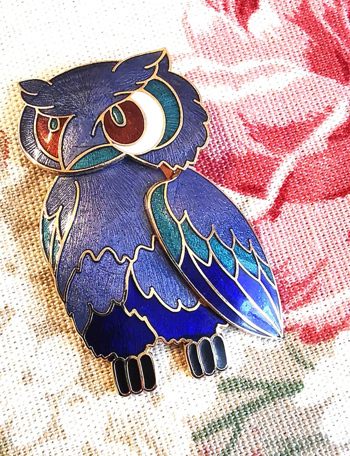 Vintage 3D Owl Brooch Vivid Blue & Green Enamel Cloisone Ethereal Woodland Elf