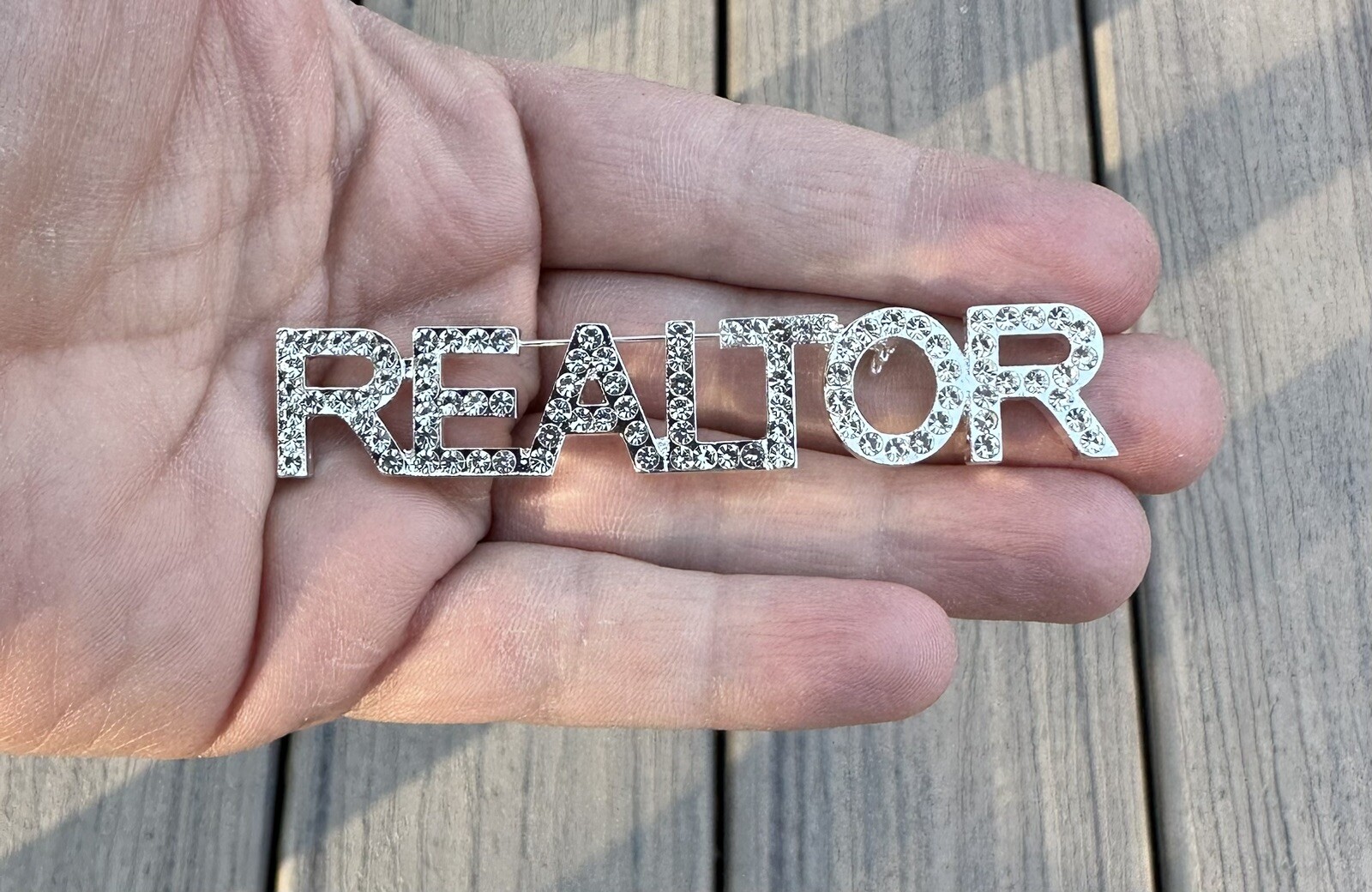 Print Font Clear realtor brooch rhinestone pin jewelry gift NEW 3”