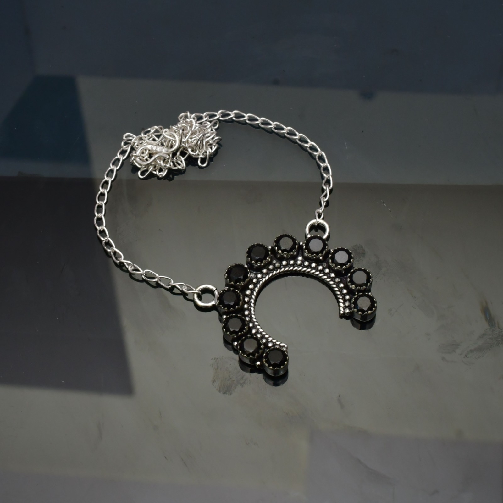 Black Onyx( Lab-Created) Gemstone 925 sterling silver Handmade Necklace : 16-20″