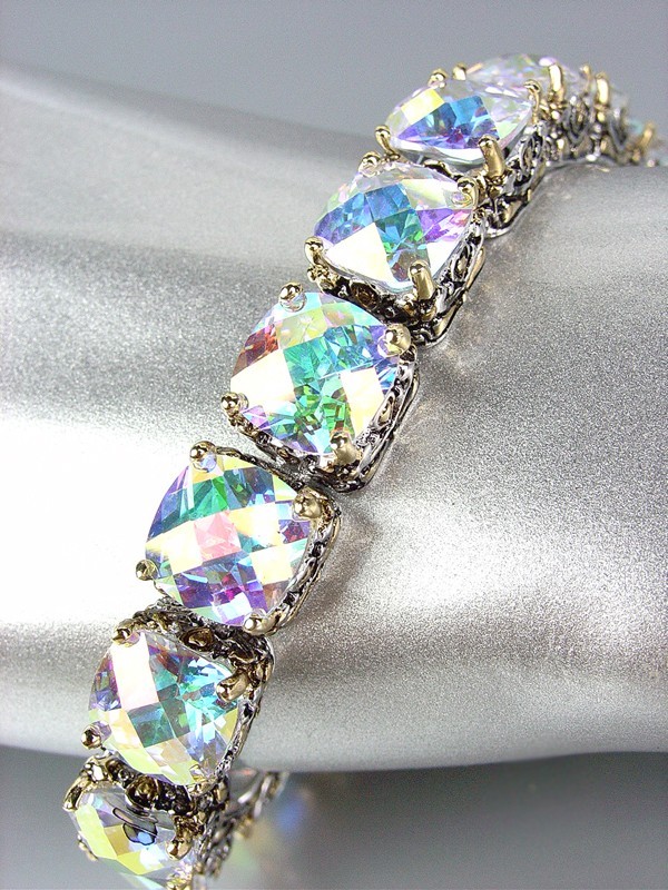 Designer Style Silver Gold Balinese Iridescent AB CZ Crystals Links Bracelet