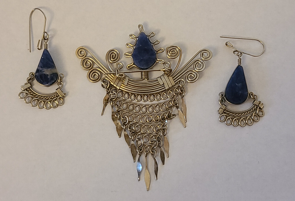 Egyptian style silver wire wrapped brooch pin and earrings w/ blue center stone