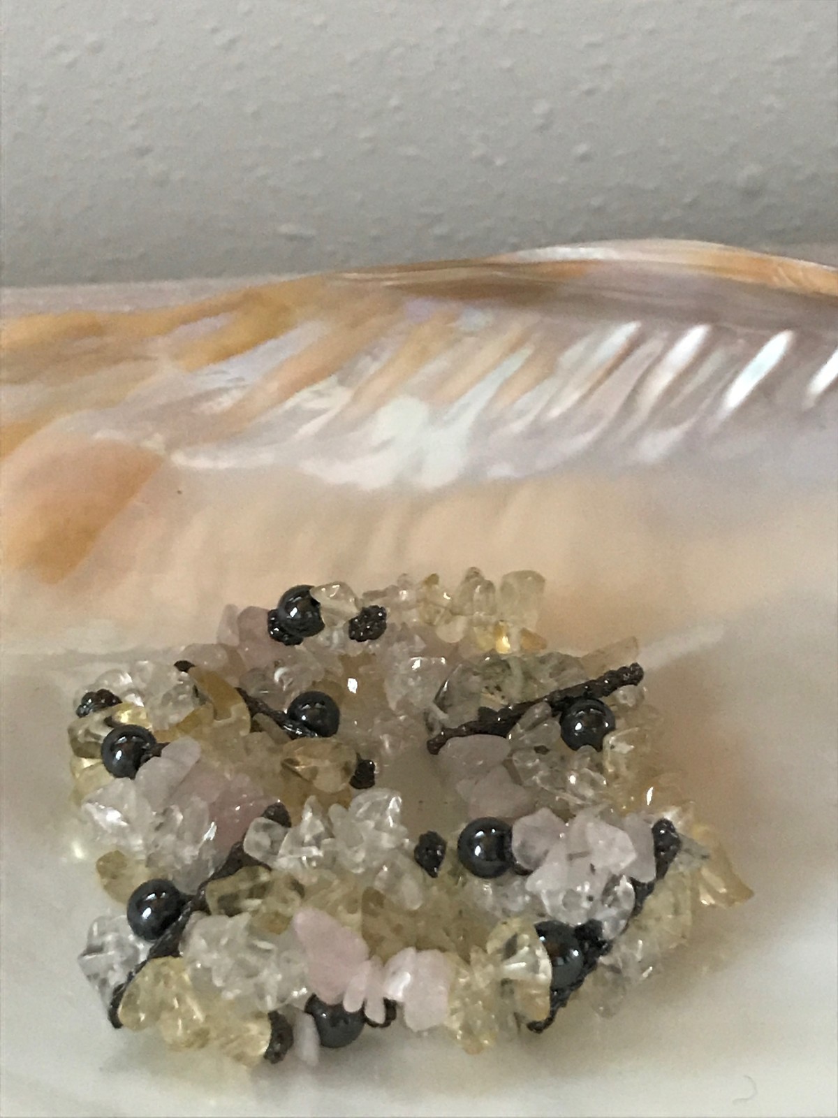 Estate Pale Pink Yellow & White Glass Nugget with Metallic Gray Bead Stretch Bra