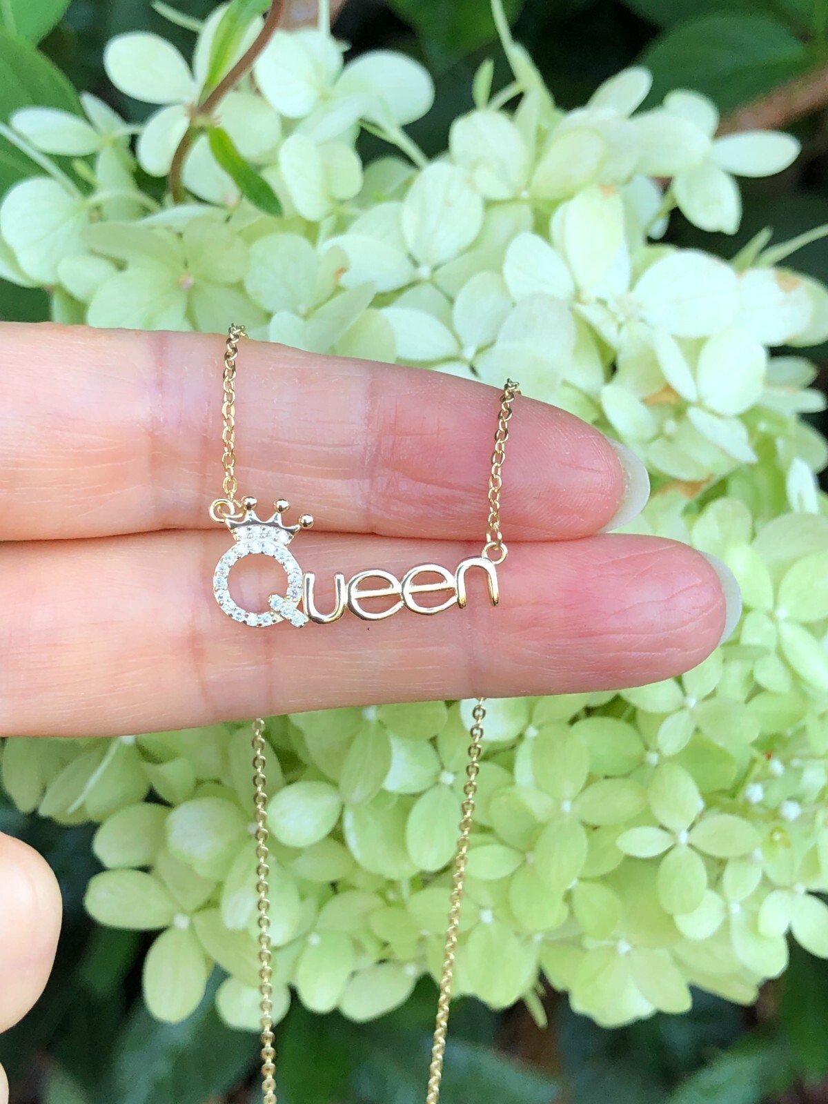 925 Sterling Silver CZ Gold Queen Script Pendant Necklace Women 24mm/0.94″ 17.5″