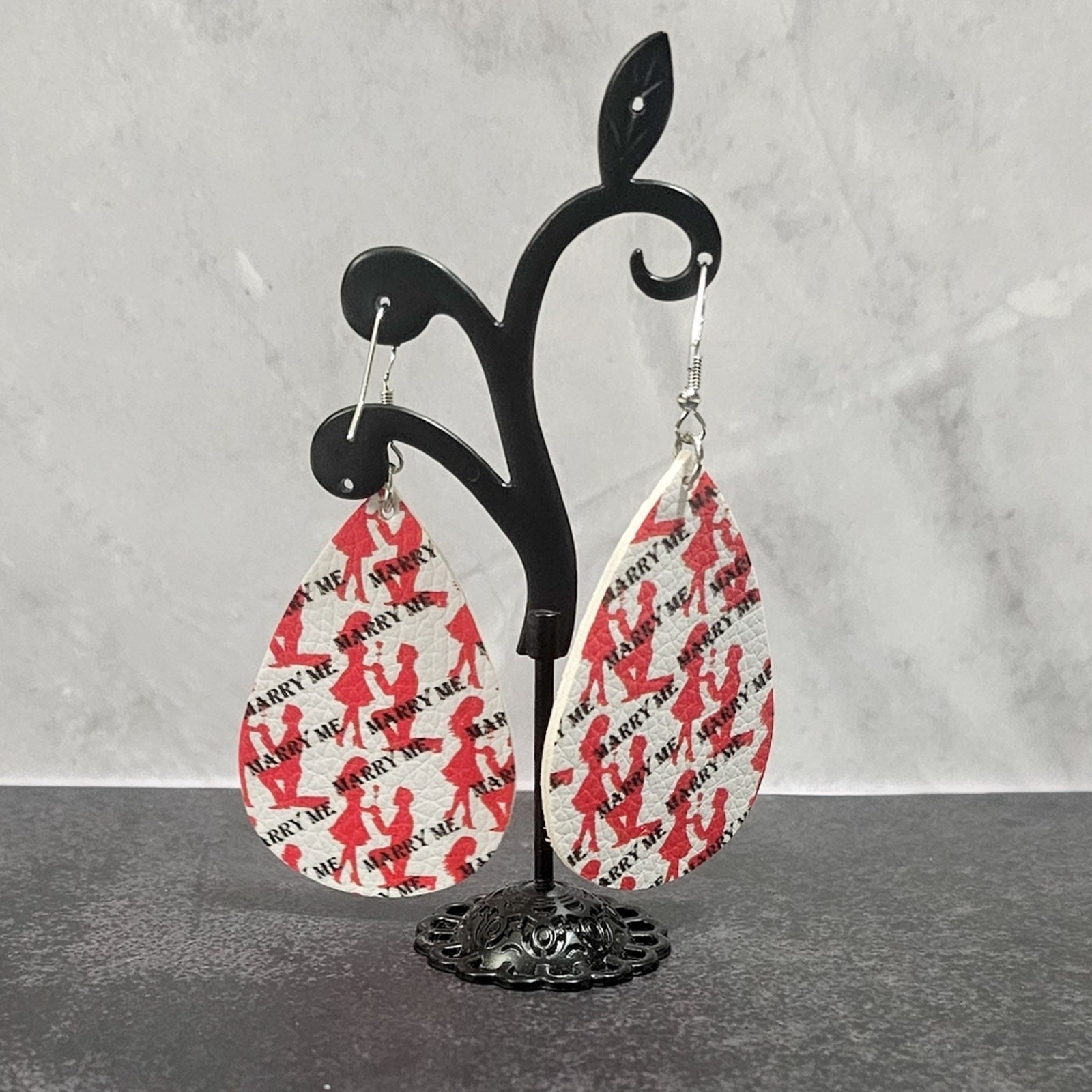 Boutique New faux leather teardrop shaped proposal Marry Me drop earrings