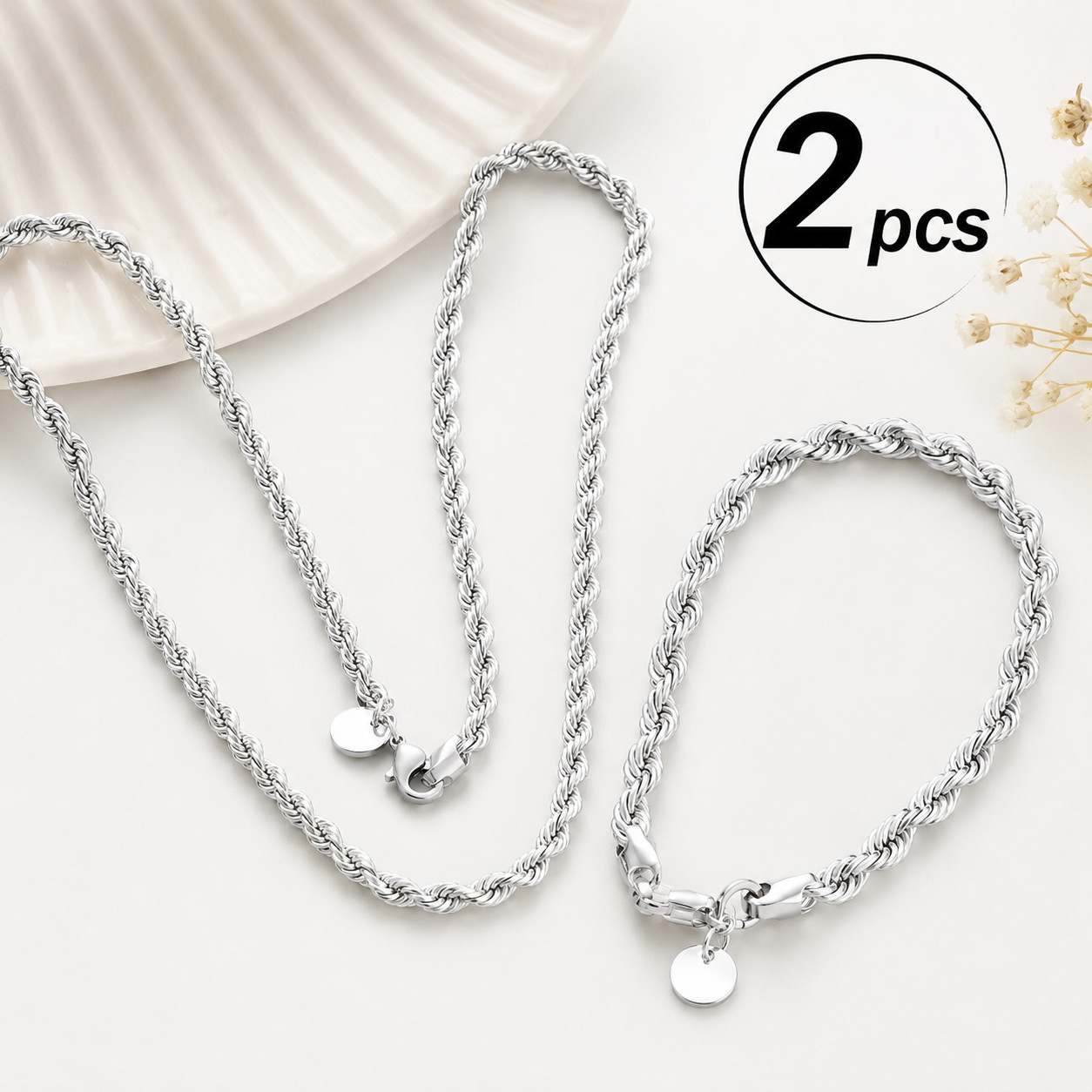 Classic Twisted Rope Chain Set for Men Necklace Bracelet 2 Piece Bundle