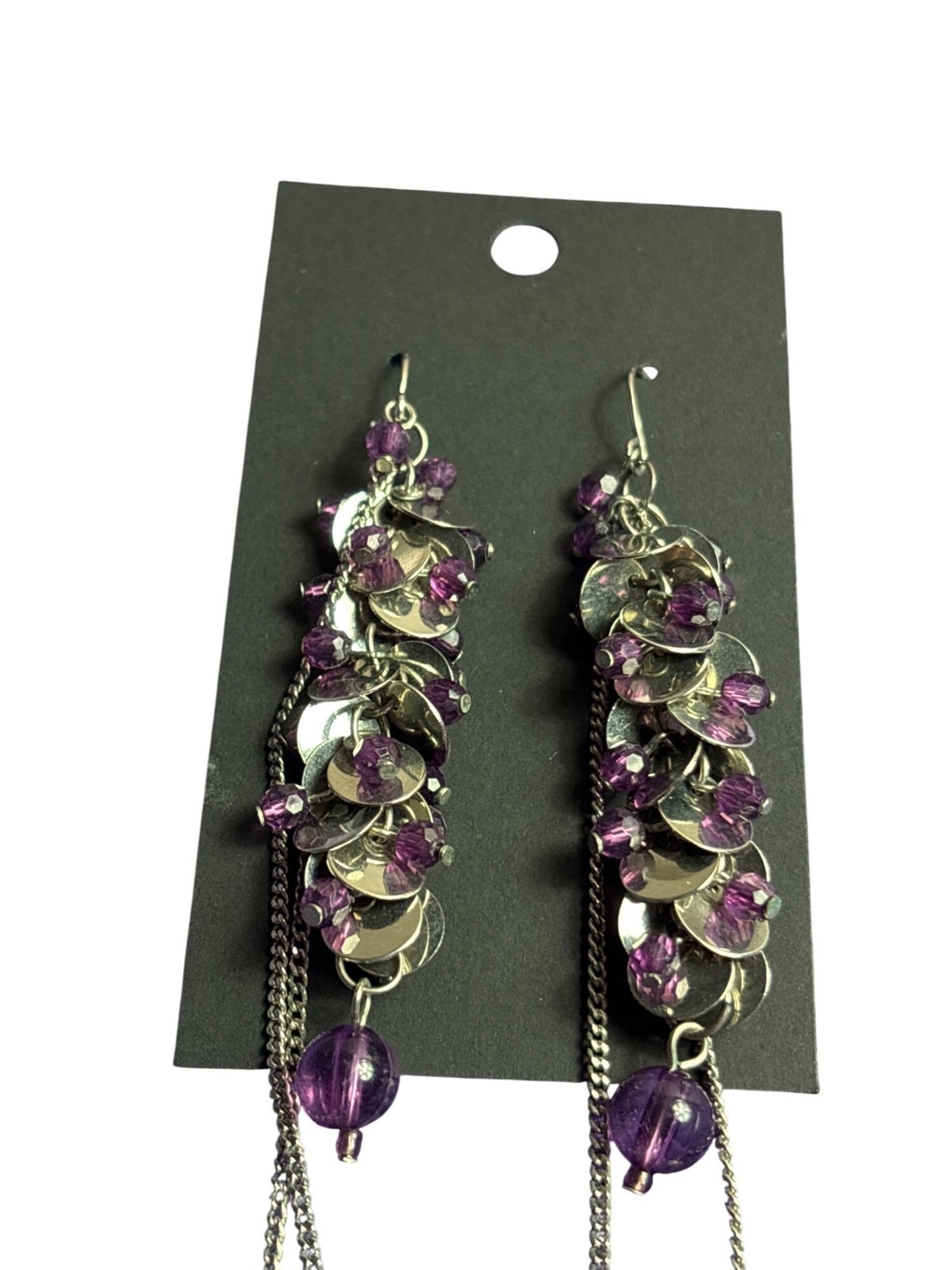 Silvertone Purple Plastic Beaded Fringe Dangle Earrings 3.75 inches