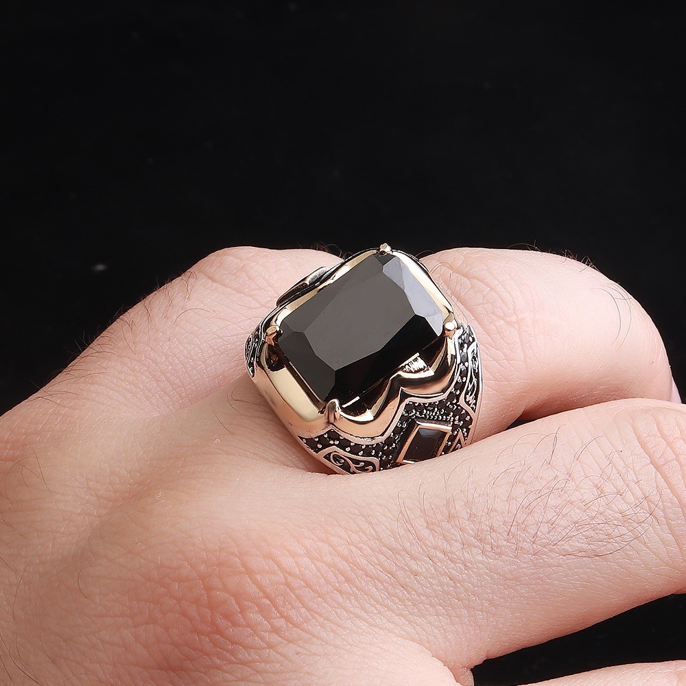Turkish Handmade Jewelry 925 Sterling Silver Black Cut Stone Mens Ring Gift 001