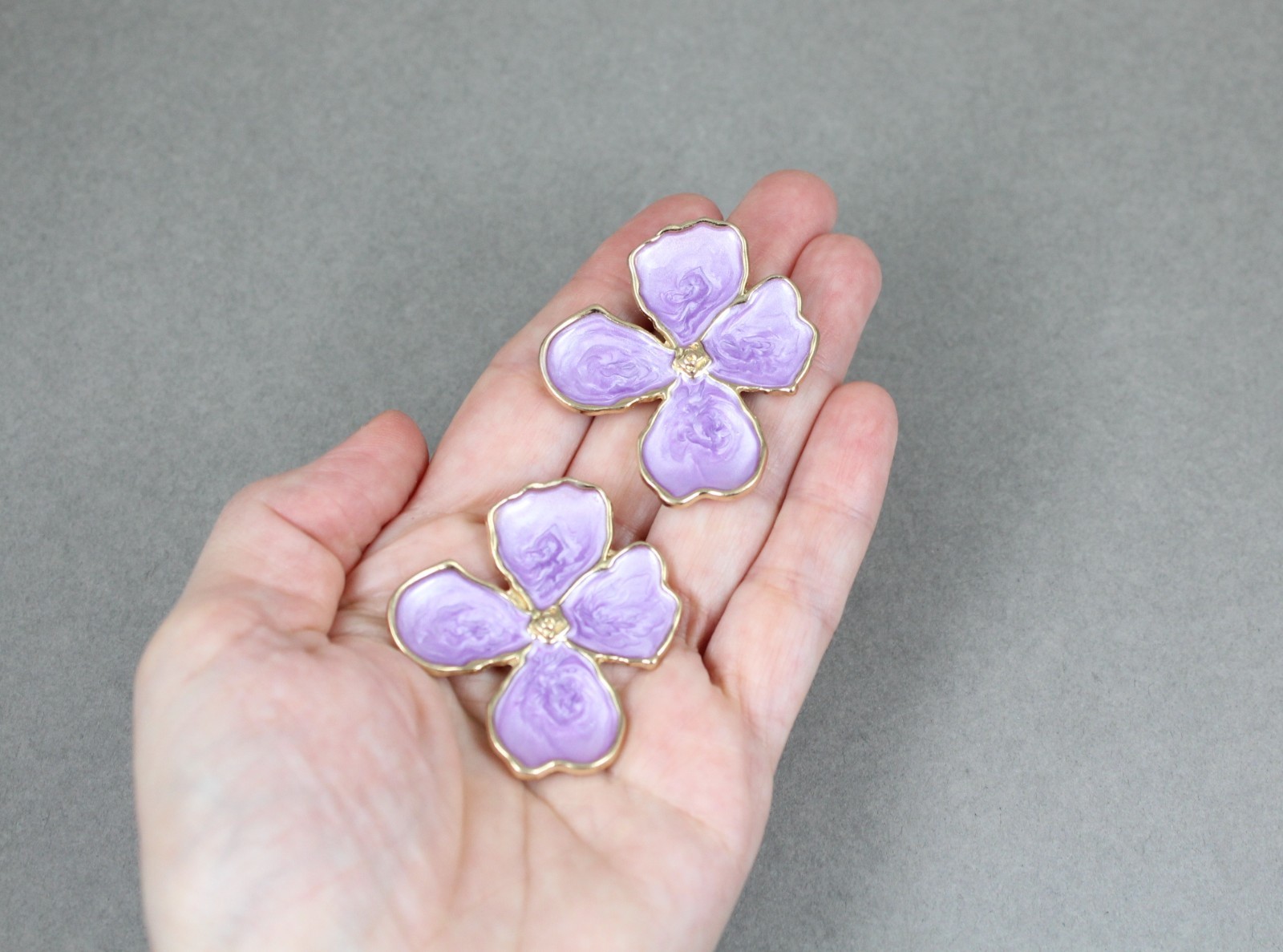 purple Big flower earrings enamel stud post daisy petal 1 .75″ long dogwood