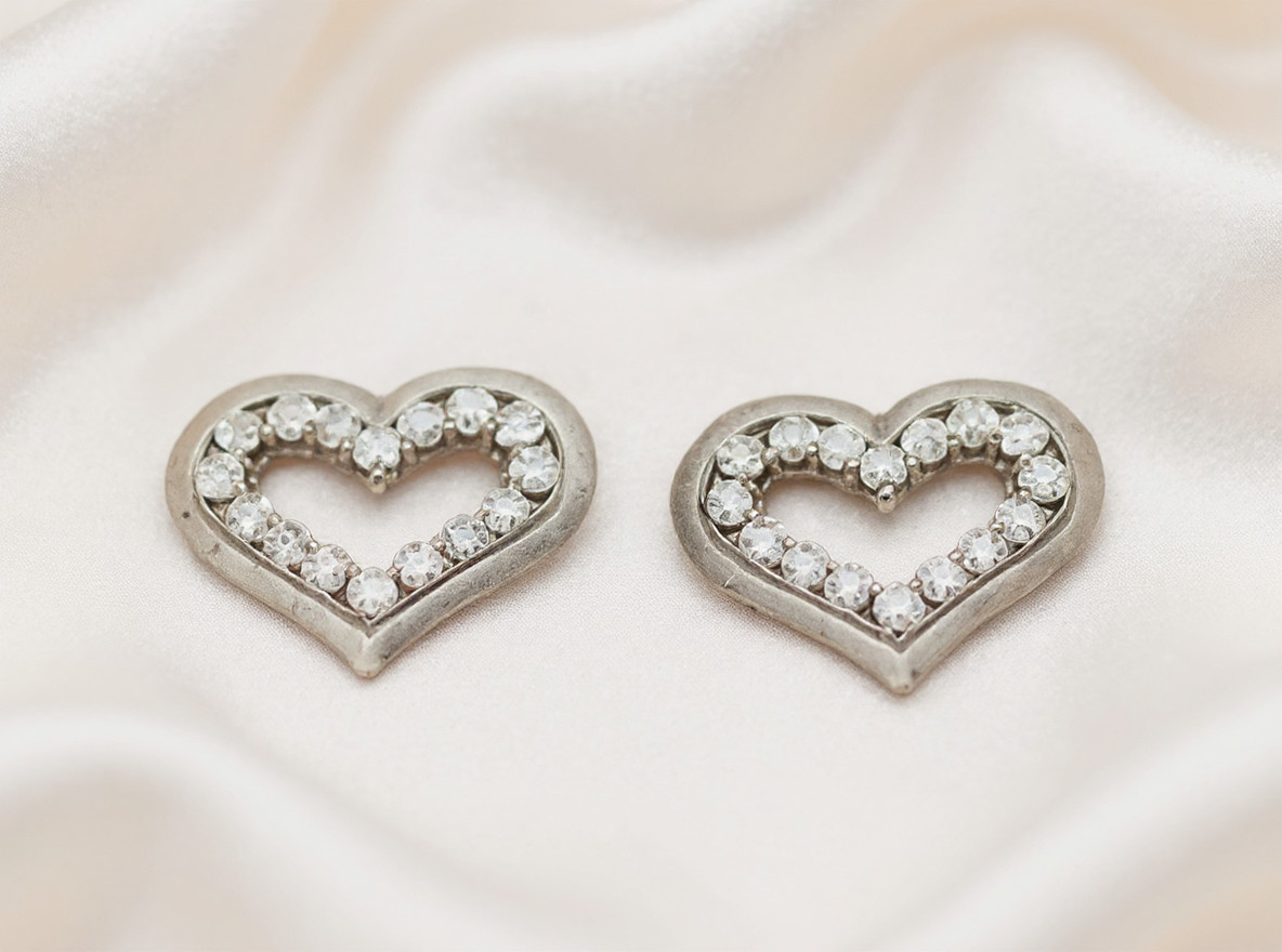 14K White Gold Open Heart Earrings with Round CZ Stones Stud Push Back Design