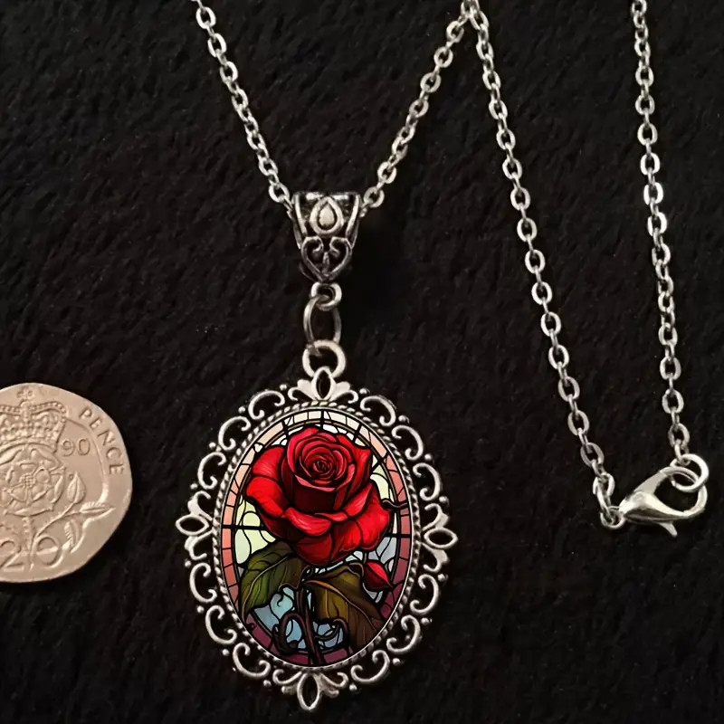 Flower Rose Gothic Silver Jewelry Love Vintage Look Oval Pendant Necklace
