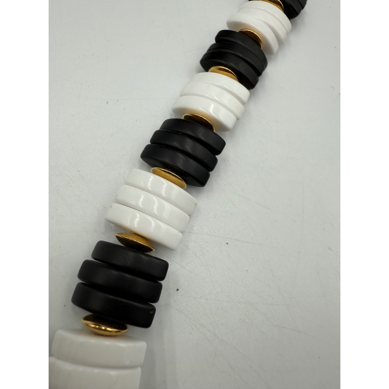 Vintage Black and White Chunky Bead Necklace Gold Tone Accents Retro Statement
