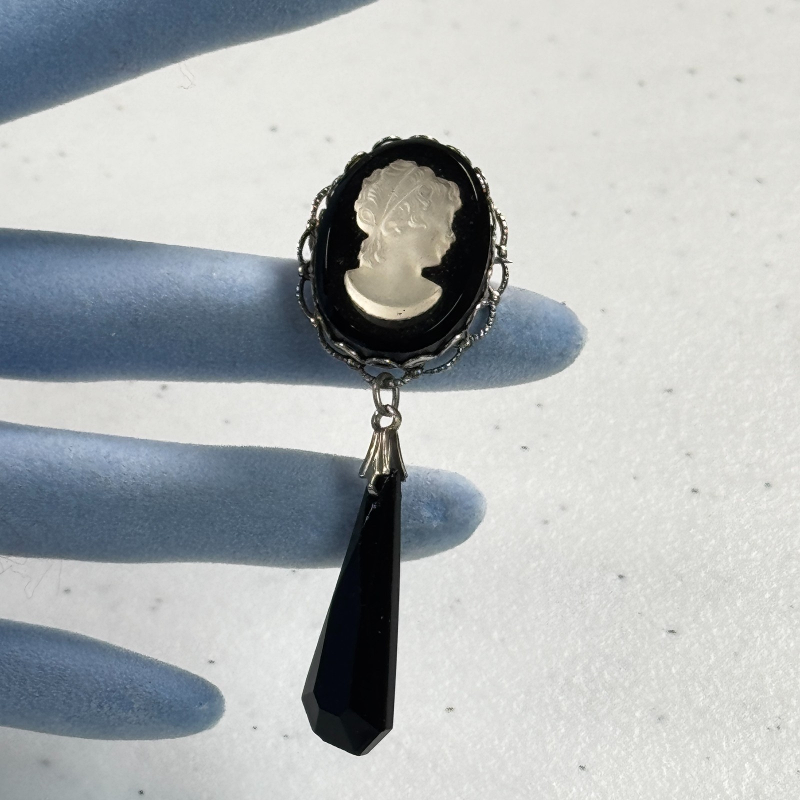 Vintage Cameo Brooch Pendant Black Glass Dangle Victorian Revival Silver Tone