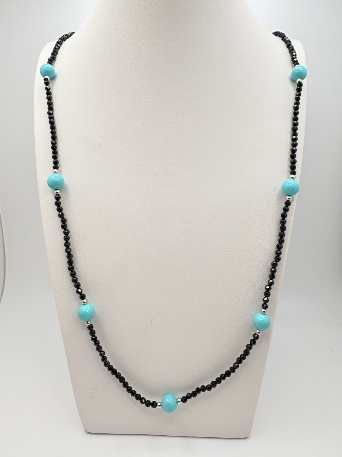 Sleeping Beauty Shell Pearl Black Spinel Endless Beaded Necklace 77.00 ctw 30”