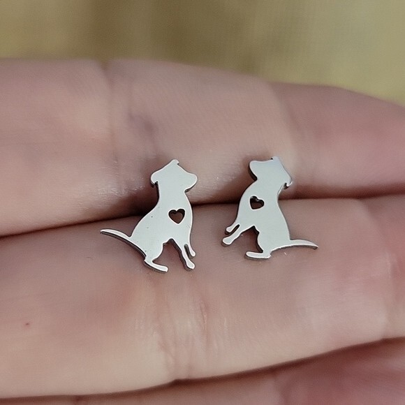 Dog Stud Silver Earrings with Heart, Dog Love Pet, Great Gift, Animal Lover