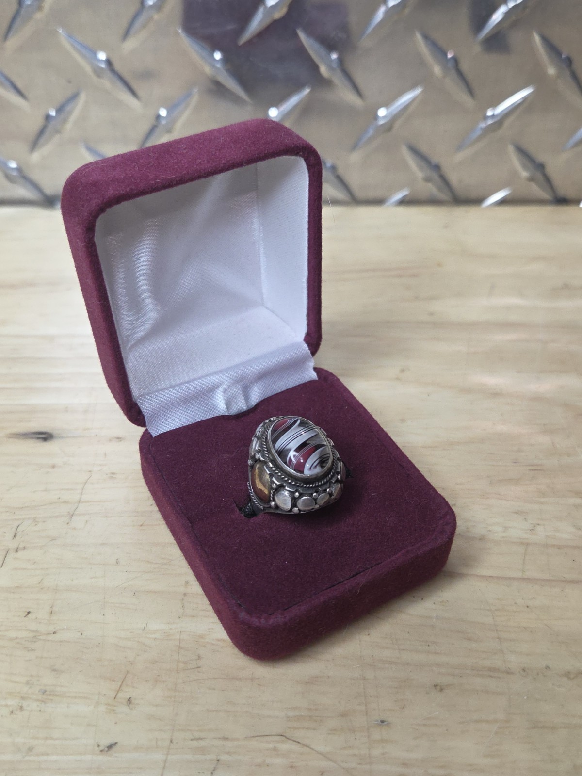 Sterling Silver Gold Accents Ring Large Oval Red White Black Swirl Glass