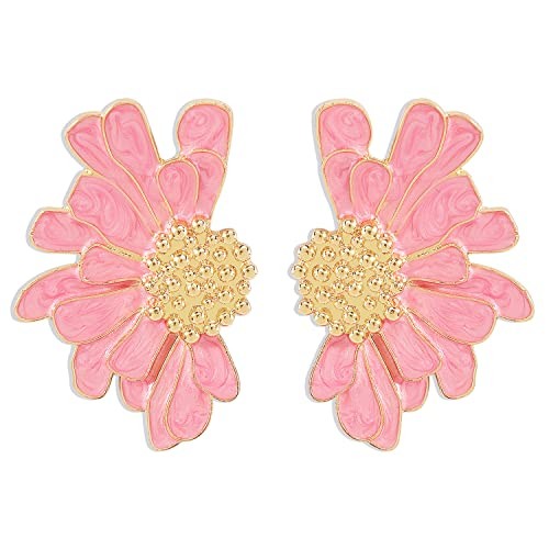 Bohemian Large Big Flower Dangle Drop Earrings Unique Charm Gold Tone Stud pink