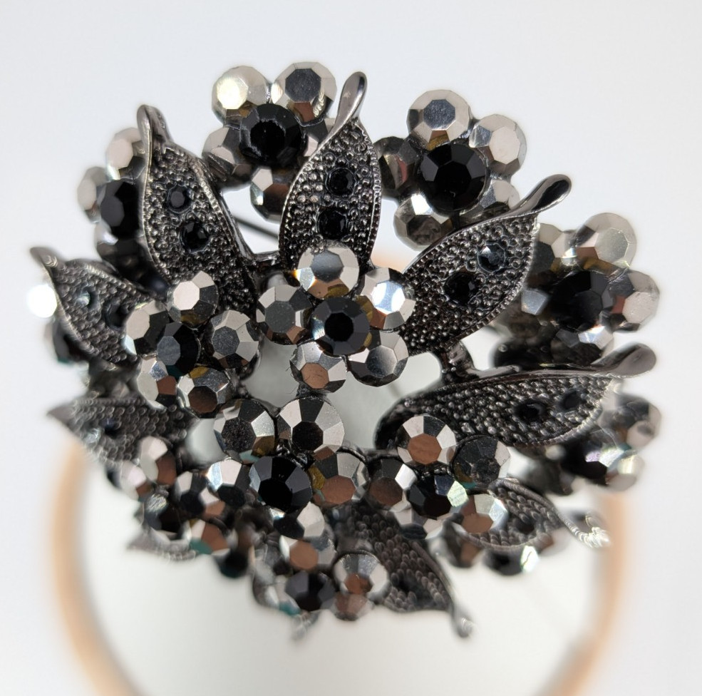 Vintage Gunmetal Rhinestone Flower Brooch Pin Hematite Crystal Dome 2in 30g