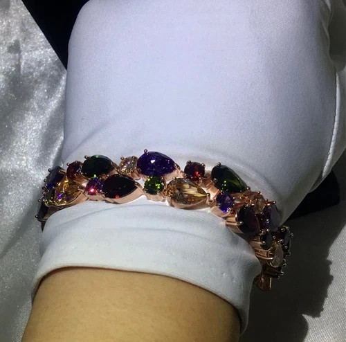 18k Rose Gold Filled Multicolor Tennis Bracelet Made Simulated Diamond 7.5”