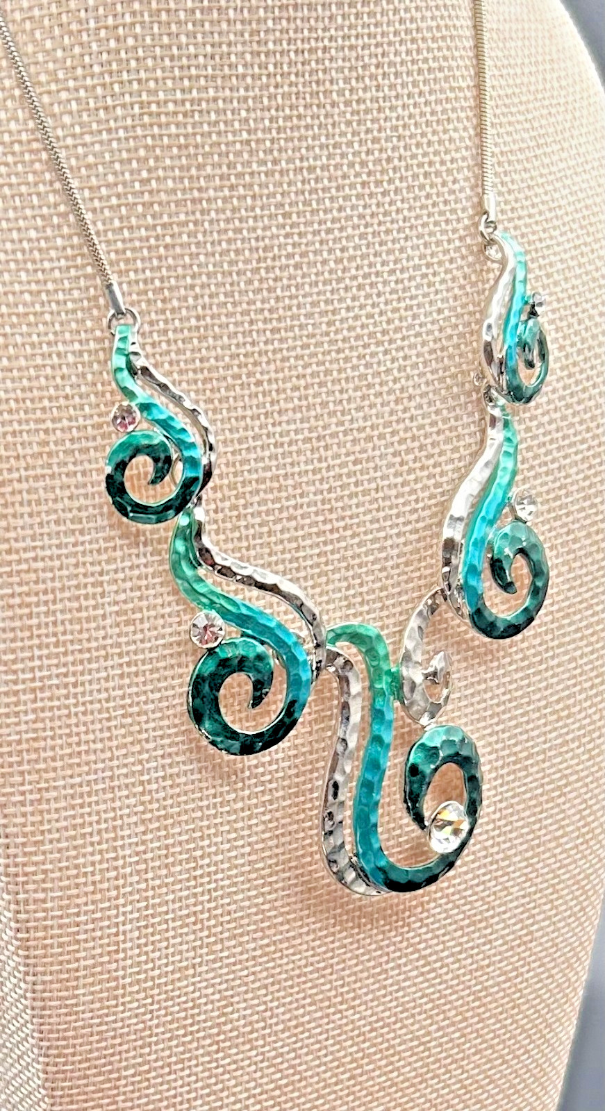 Silver Tone Statement Bib Necklace Teal Aqua Swirl Hammered Metal Rhinestone 18″