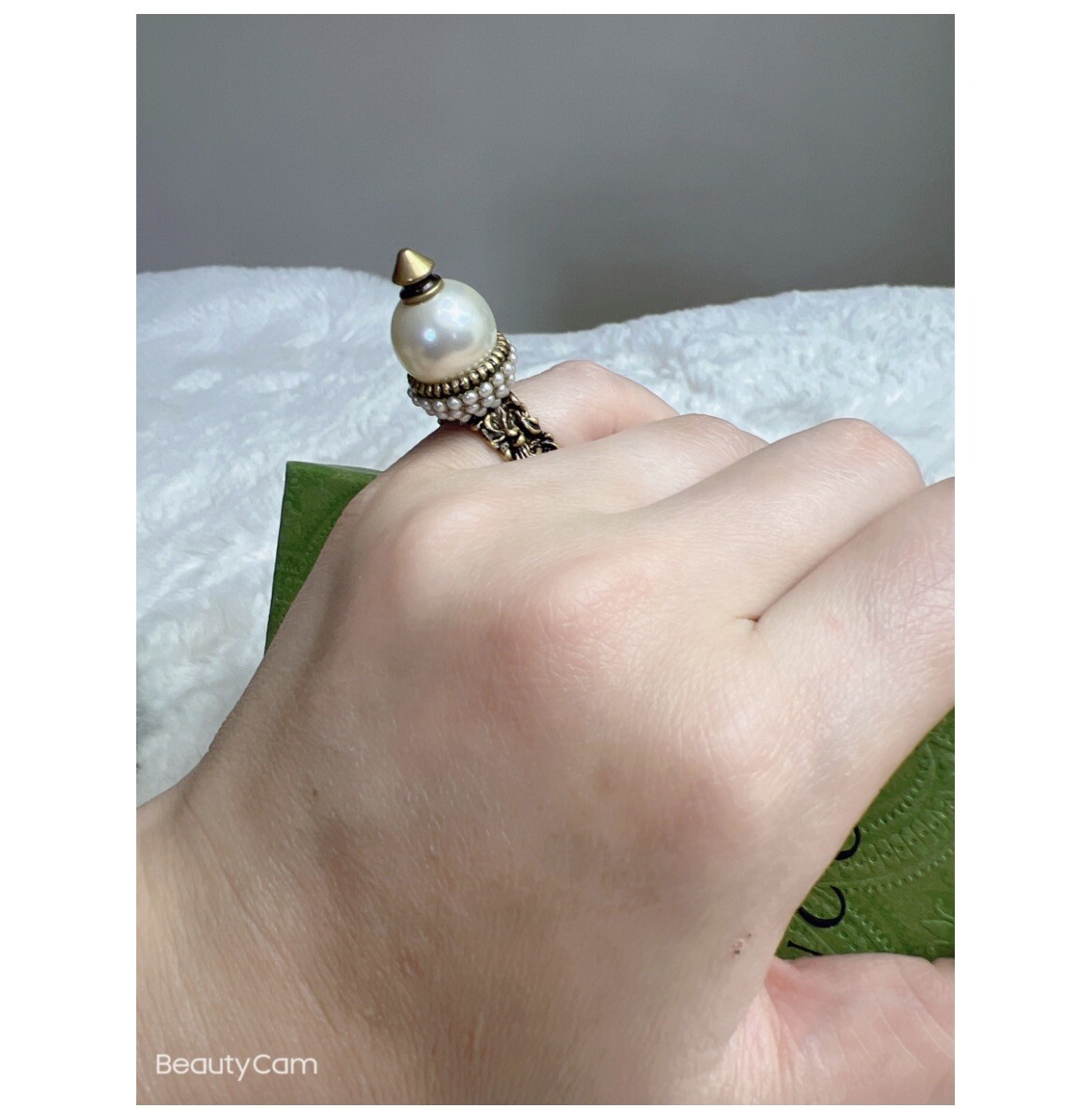 Gucci Pearl Spiked Ring in White and Antique Brass Size13 US 6.5 NWT Boxed