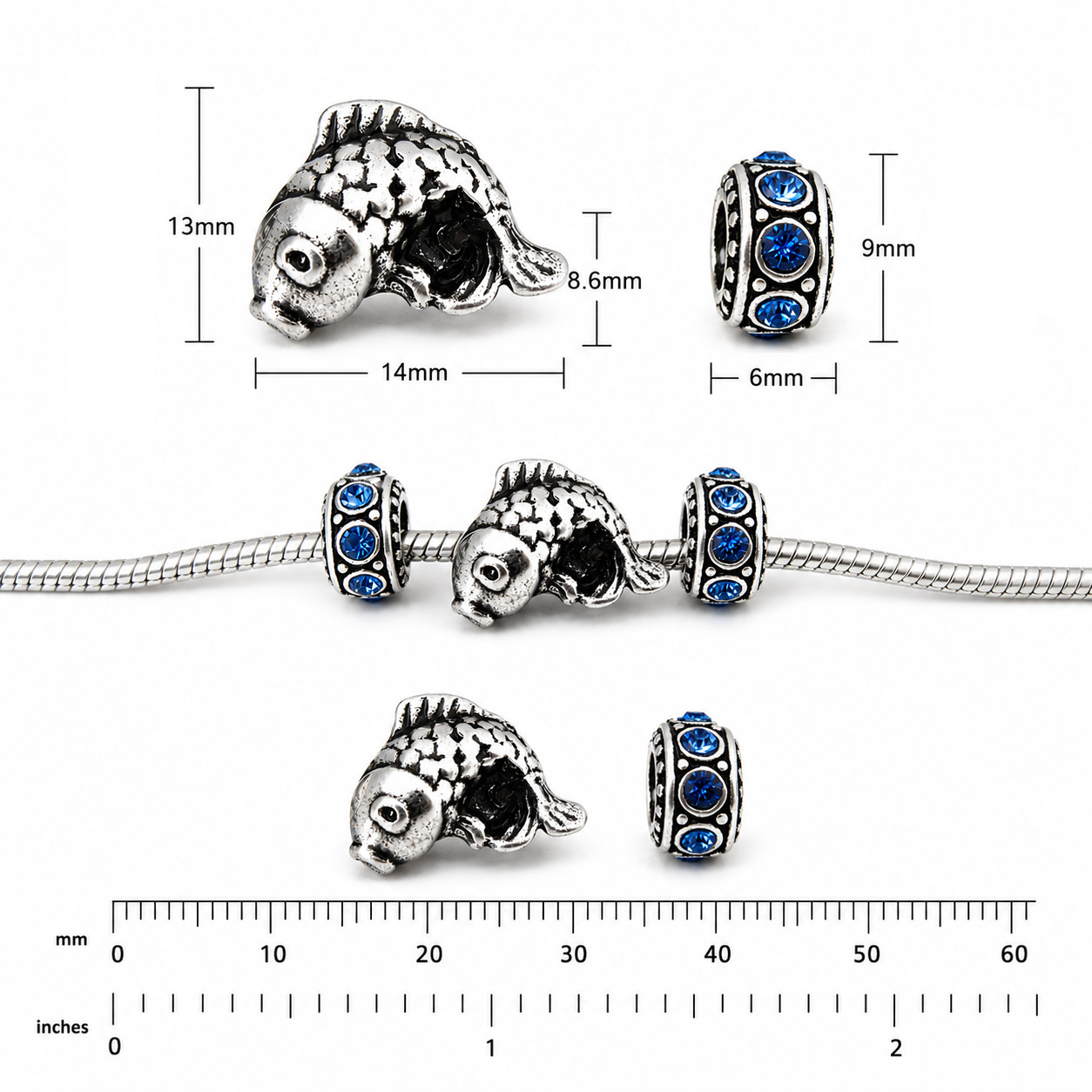 Asian Koi Fish Large Hole Rhinestone Beads For European Charm Bracelets