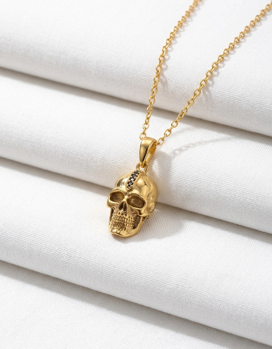 Unique Brass Gold Color Fancy Skull Black Spinel Stone Pendent Comes With Chain.