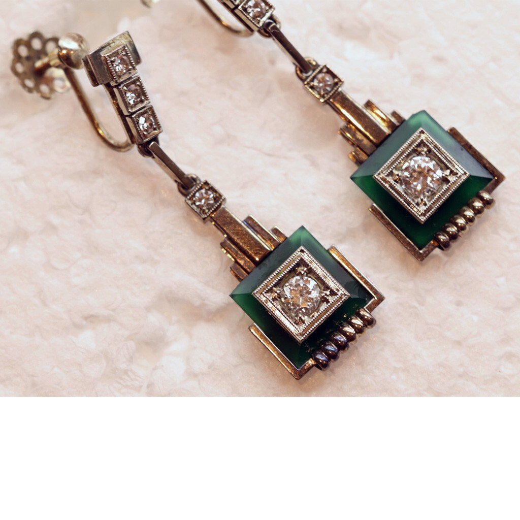 Art Deco Earrings 18k white gold diamonds gems architectural dangle design (7481