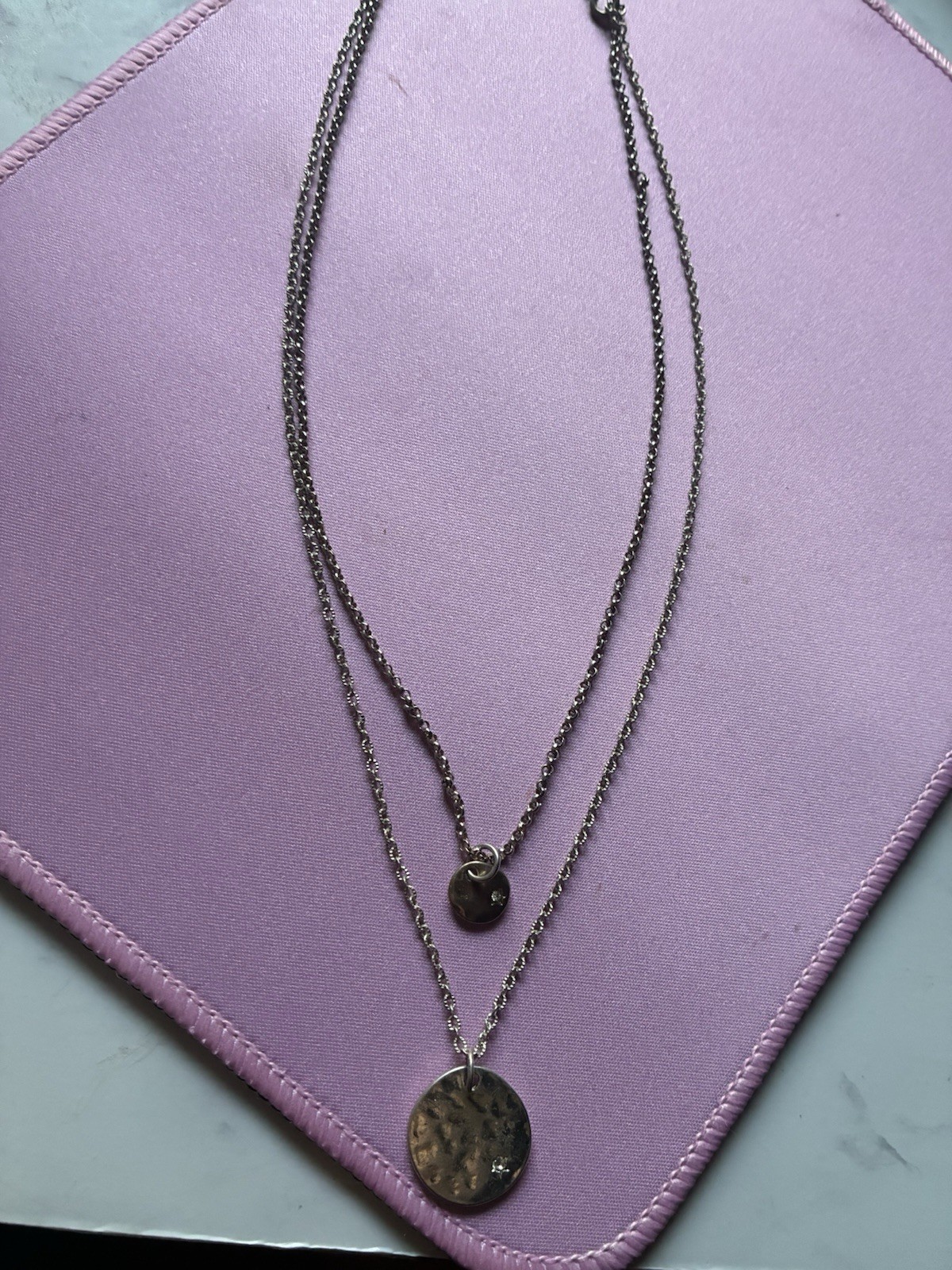 Silver-Tone Layered Double Cable Chain Necklace Round Disc Charms Signed