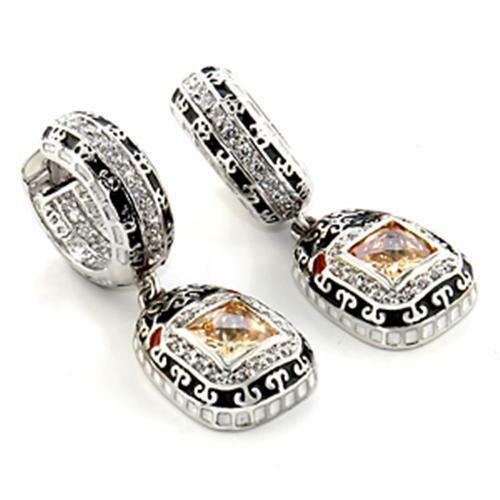 Rhodium Plated Champagne CZ Black Enamel Dangle Earrings