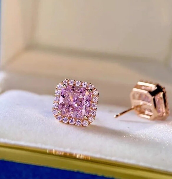 Exquisite 18k Gold Plated Pink Zircons Square Stud Earrings Copper Base