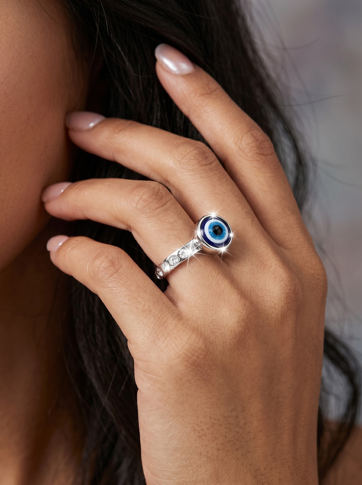 Evil Eye Protection Ring – Silver-Tone Talisman Band with Blue Enamel & Crystals